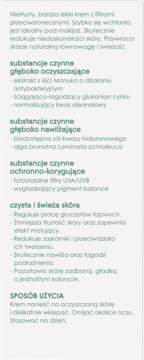 Tekstowa etykieta z opisem kremu do twarzy z filtrem UV, informacjami o składnikach i stosowaniu.