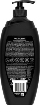 Tył czarnego żelu pod prysznic Palmolive Men Energising 3w1 z pompką, widoczne etykiety i kod kreskowy.