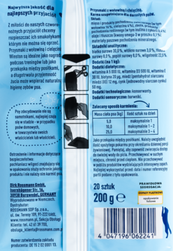 Tylna strona jasnoniebieskiego opakowania przysmaków dla psa Winston z wołowiną i cielęciną, 200g, 20 sztuk.