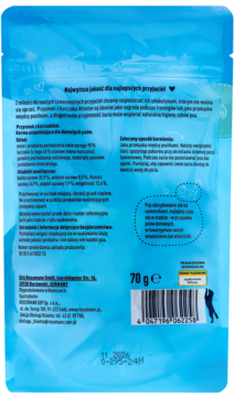 Tył niebieskiej saszetki Winston Filety z kurczaka 70g. Opis, skład, kod EAN. Niskotłuszczowa karma dla psów.