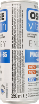 Oshee Vitamin Energy drink z magnezem i witaminą B6, biała puszka z niebieskim logo, widok z przodu.