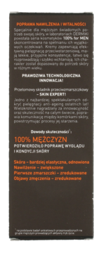 Tył opakowania kremu Dermika 100% for MEN, ciemny brąz z białymi i pomarańczowymi tekstami o nawilżeniu.