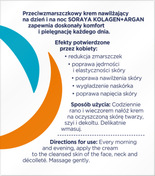 Ulotka kremu Soraya Kolagen+Argan: białe tło, niebiesko-pomarańczowy design, opis użycia i działania.