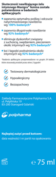 Niebiesko-białe opakowanie nawilżającego żelu intymnego Maxigra femina 75 ml, widok boku z opisem.