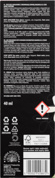 Tył czarnego opakowania dyfuzora zapachowego Magnolia & Cedr 40ml, widoczne etykiety FSC, ostrzegawcza i recyklingu.