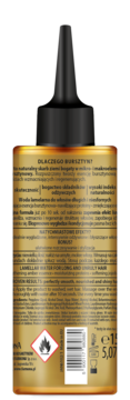Złota butelka Wody Lamelarnej Jantar 150ml z esencją bursztynową, tył z etykietą dla włosów.