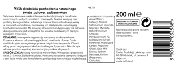 Biała etykieta maski do włosów 200 ml z 98% naturalnych składników, listą składników i kodem kreskowym.