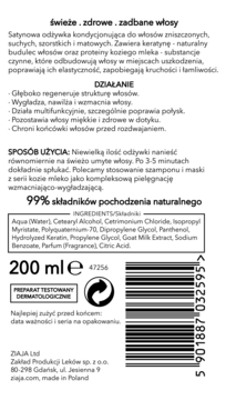 Tył butelki Ziaja satynowej odżywki do włosów z kozim mlekiem, widoczne szczegółowe składniki i kod kreskowy.
