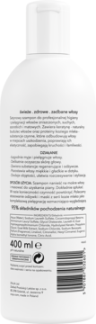 Tył białej butelki szamponu z keratyną i kozim mlekiem, 400 ml, z polskim opisem i kodem EAN.