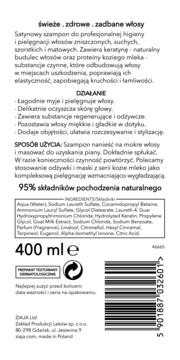 Tył butelki szamponu Ziaja 400ml do włosów zniszczonych, z widocznym opisem składu i 95% składników naturalnych.