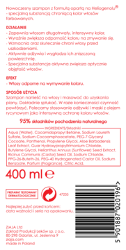 Tył białej butelki szamponu Ziaja do włosów farbowanych 400 ml, widoczna lista składników i opis.