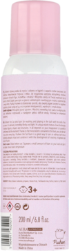 Tył różowo-białej butelki pianki do kąpieli Pusheen, 200ml, widoczne informacje o produkcie i barcode.