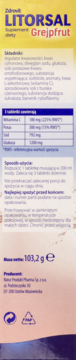 Tył opakowania Zdrovit Litorsal Grejpfrut, z tabelą składników odżywczych, sposobem użycia i masą netto 103,2g.