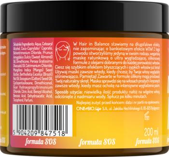 Tył opakowania maski Hair in Balance Formula SOS, ciemnobrązowy słoik z listą składników i kodem kreskowym.