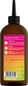 Tył brązowej butelki płukanki octowej Hair in Balance 300 ml, z różowo-zieloną etykietą i składnikami.