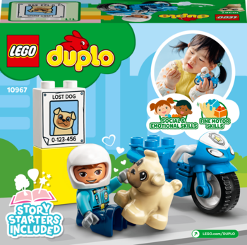 Opakowanie LEGO Duplo 10967: policjant, pies, niebieski motocykl i tabliczka 'LOST DOG', z dzieckiem w tle.