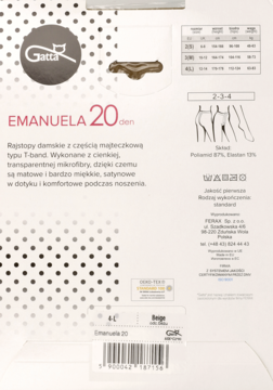 Tył opakowania beżowych rajstop Gatta Emanuela 20 den T-band, z opisem produktu i tabelą rozmiarów.