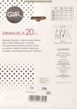 Tył opakowania rajstop Gatta Emanuela 20 den, z logo, rozmiarem, składem i opisem w języku polskim.