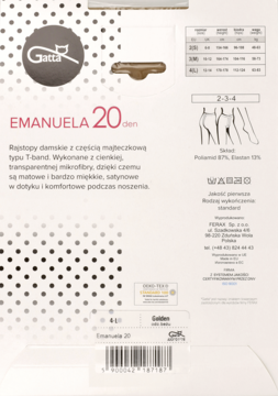 Tył opakowania rajstop Gatta Emanuela 20 den w kolorze Golden, z tabelą rozmiarów i opisem produktu.