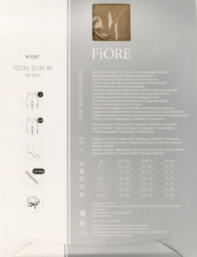 Opakowanie rajstop korygujących Fiore Total Slim 40 den, beżowy odcień, z ilustracjami efektu wysmuklającego sylwetkę.