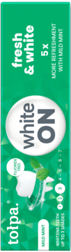 Tolpa Fresh & White pasta do zębów, zielone pudełko, widok z przodu. Wybiela do 3 odcieni, mild mint, bez fluoru.