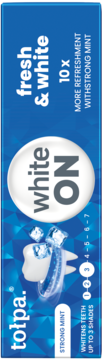 Niebieskie opakowanie pasty Tołpa Fresh & White ON, widok z przodu. Wybiela zęby do 3 odcieni, mocno miętowa.
