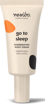 Resibo go to sleep Regenerujący krem nocny w beżowej tubce, z przodu czarne napisy i kolorowe plamy.