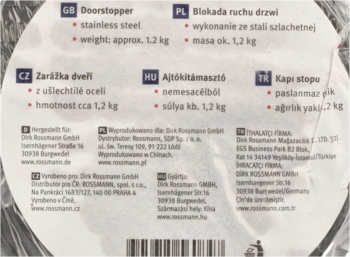 Tył opakowania odbojnika do drzwi, zbliżenie na specyfikacje produktu: stal nierdzewna, waga 1.2kg, teksty PL i GB.
