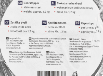 Etykieta opakowania blokady drzwi ze stali szlachetnej z pierścieniem silikonowym, 1.2 kg, zbliżenie na opisy.