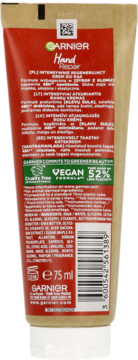 Tylna część kremu do rąk Garnier Hand Repair 75ml, czerwono-brązowa tubka, widoczne certyfikaty Vegan, Cruelty Free.