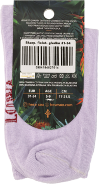 Tył fioletowej skarpetki Hese Sox z metką produktową, widoczne rozmiar 31-34, kod kreskowy i skład bawełny czesanej.
