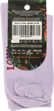 Fioletowe skarpetki Hese Sox z czesanej bawełny, rozmiar 35-38, gładkie, widok z przodu z metką.