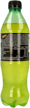Zielona butelka napoju gazowanego Mountain Dew o smaku cytrusowym, widok z tyłu z etykietą i składem.
