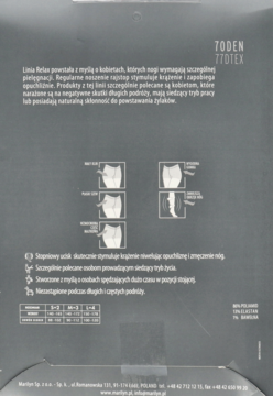 Tył szarego opakowania rajstop Toden 770TEX Relax, z tekstem o stymulacji krążenia i diagramami.