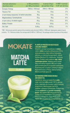Zielone opakowanie Mokate Matcha Latte Classic, widok z tyłu z tabelą wartości odżywczych i składnikami.