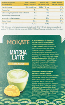 MOKATE ,napój w proszku, na bazie mleka i zielonej herbaty o smaku mango,tył