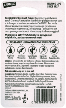 Tył białego opakowania sztyftu Carmex balsam do ust, z polskim opisem, składem i kodem kreskowym.