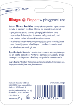 Tył białego opakowania balsamu Blistex Sensitive 4.25g z opisem korzyści, składem i kodem kreskowym.