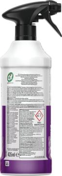 Tył butelki Cif Perfect Finish 435ml. Biały spray z czarnym atomizerem, etykieta z ostrzeżeniami i symbolem GHS07.