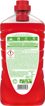 Tył czerwonej butelki Ajax Floral Fiesta Red Flowers 1L, płynu uniwersalnego, z białą etykietą i tekstem.