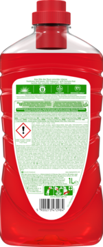 Tył czerwonej butelki uniwersalnego płynu Ajax Floral Fiesta Red Flowers 1L z białą etykietą informacyjną.