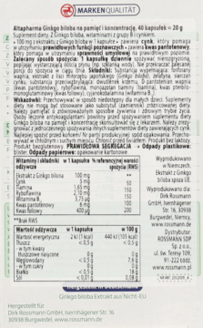 Tył opakowania Altapharma Ginkgo biloba na pamięć i koncentrację z listą składników i wartościami odżywczymi.