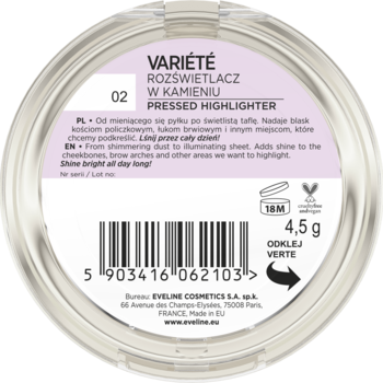 Tył okrągłego opakowania Eveline Variété Pressed Highlighter 02. Jasnofioletowa etykieta z tekstem i kodem kreskowym.