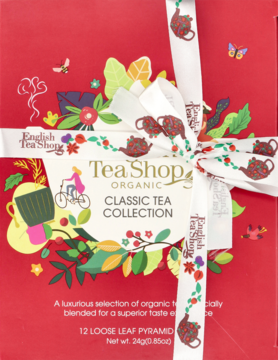 Front view of a red English Tea Shop Classic Tea Collection box, white bow, floral design.