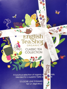 Ciemnoniebieskie opakowanie English Tea Shop Organic Classic Tea Collection z białą wstążkA, 12 piramidek.
