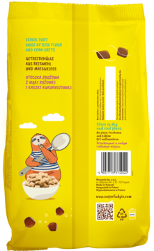 Tylna strona żółtej paczki wegańskich poduszek zbożowych z cynamonem cejlońskim, z rysunkiem leniwca.