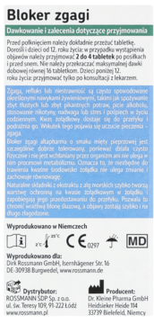 Etykieta Bloker zgagi altapharma (mięta pieprzowa) z instrukcją, składem (algi morskie) i informacjami producenta.