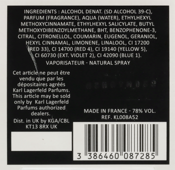 Tył etykiety Karl Lagerfeld Bois de Vétiver Eau de Toilette, z listą składników, kodem kreskowym i danymi producenta.