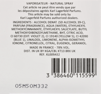 Tył opakowania Karl Lagerfeld Natural Spray z czytelną listą składników, kodem kreskowym i napisem MADE IN FRANCE.