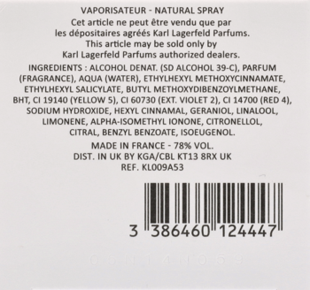 Tył opakowania perfum Karl Lagerfeld Tokyo Shibuya, z listą składników, informacjami o produkcji i kodem kreskowym.